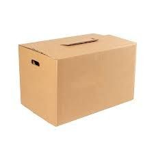 Closed brown cardboard box with handle cutouts on the sides, isolated on a white background.