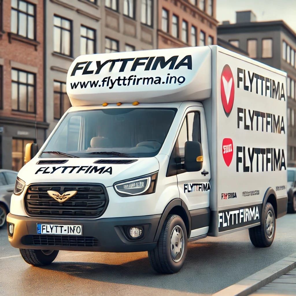 Moving van with Flyttfirma branding parked on a city street.